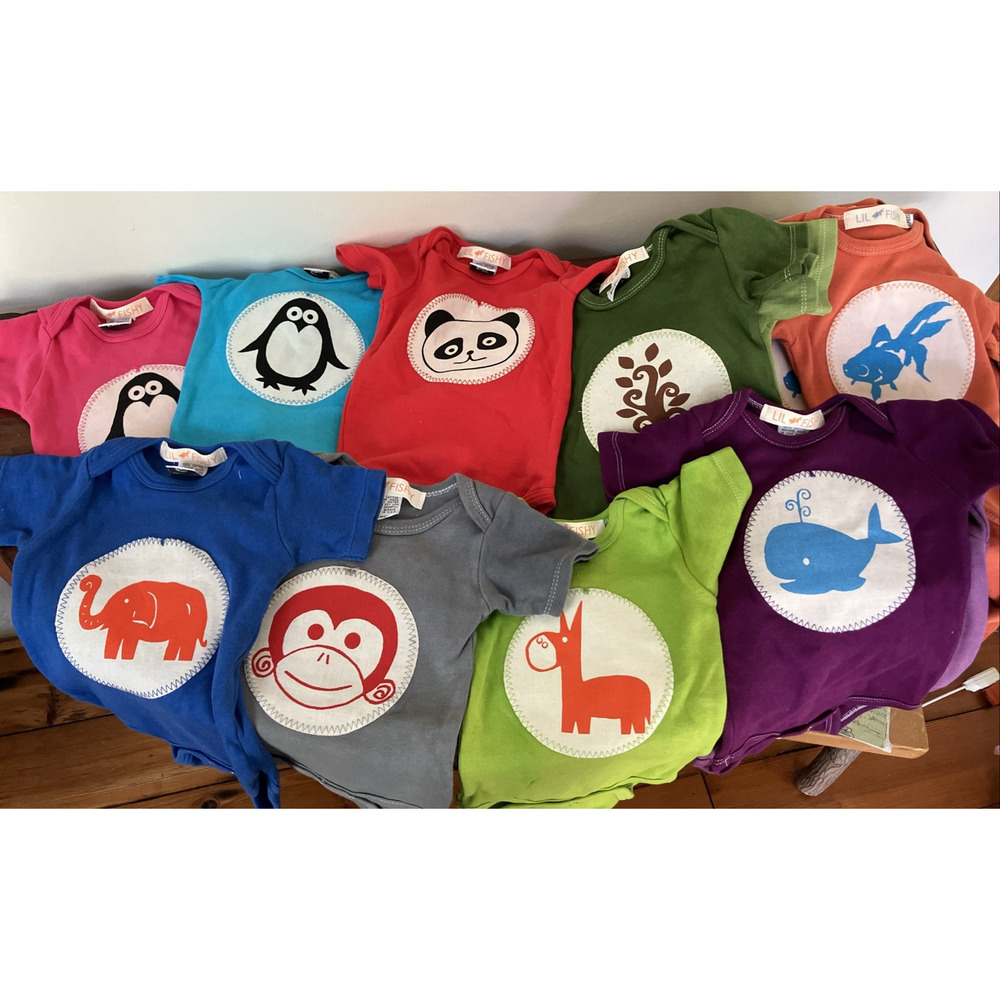 Bundle Baby Bodysuits Lot 27 Pcs 6 & 12 Months Lil Fishy Colorful Cotton Animals